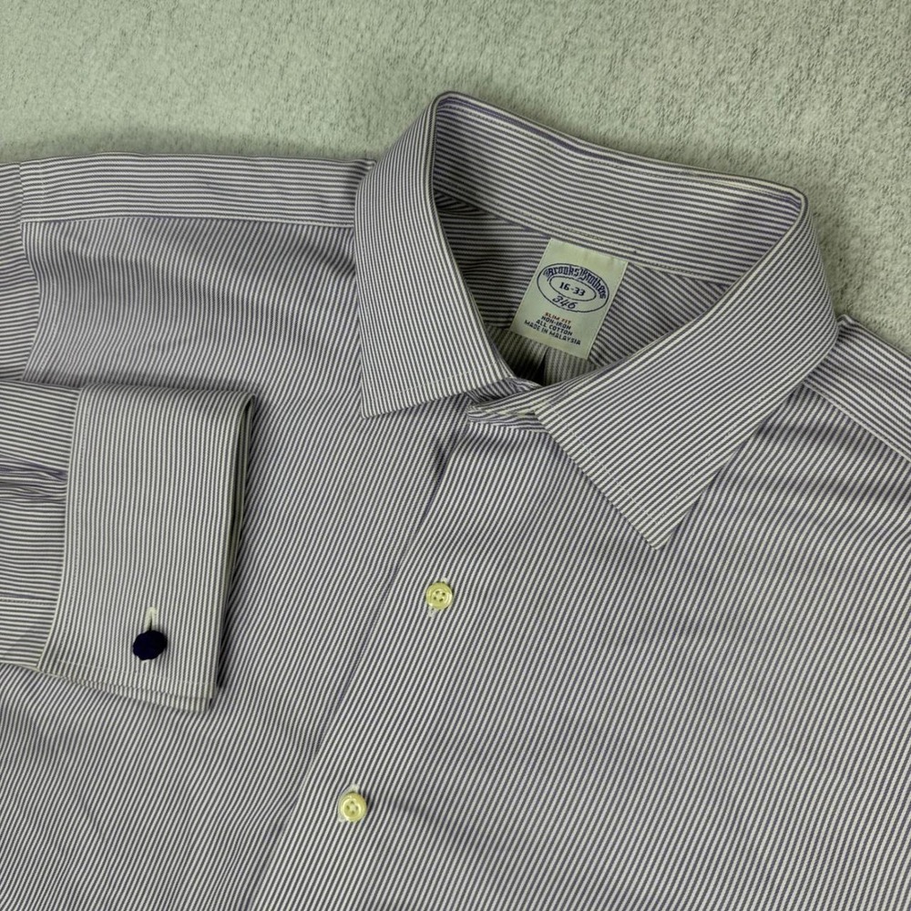 Brooks Brothers 346 Mens 16-33 Slim Fit Non-Iron French Cuff Purple Stripe Shirt